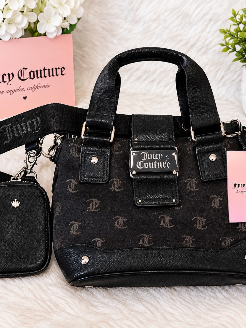 New Juicy Couture Black Logo Shoulder Satchel with Removable Pouch tags